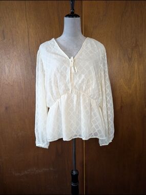 Cream Lightweight Peasant Blouse with Tie Neck